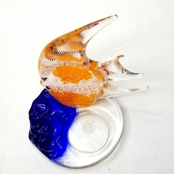 Art Glass Clear, Orange, White & Blue Angel Fish Tea Light Candle Holder - Picture 4 of 9